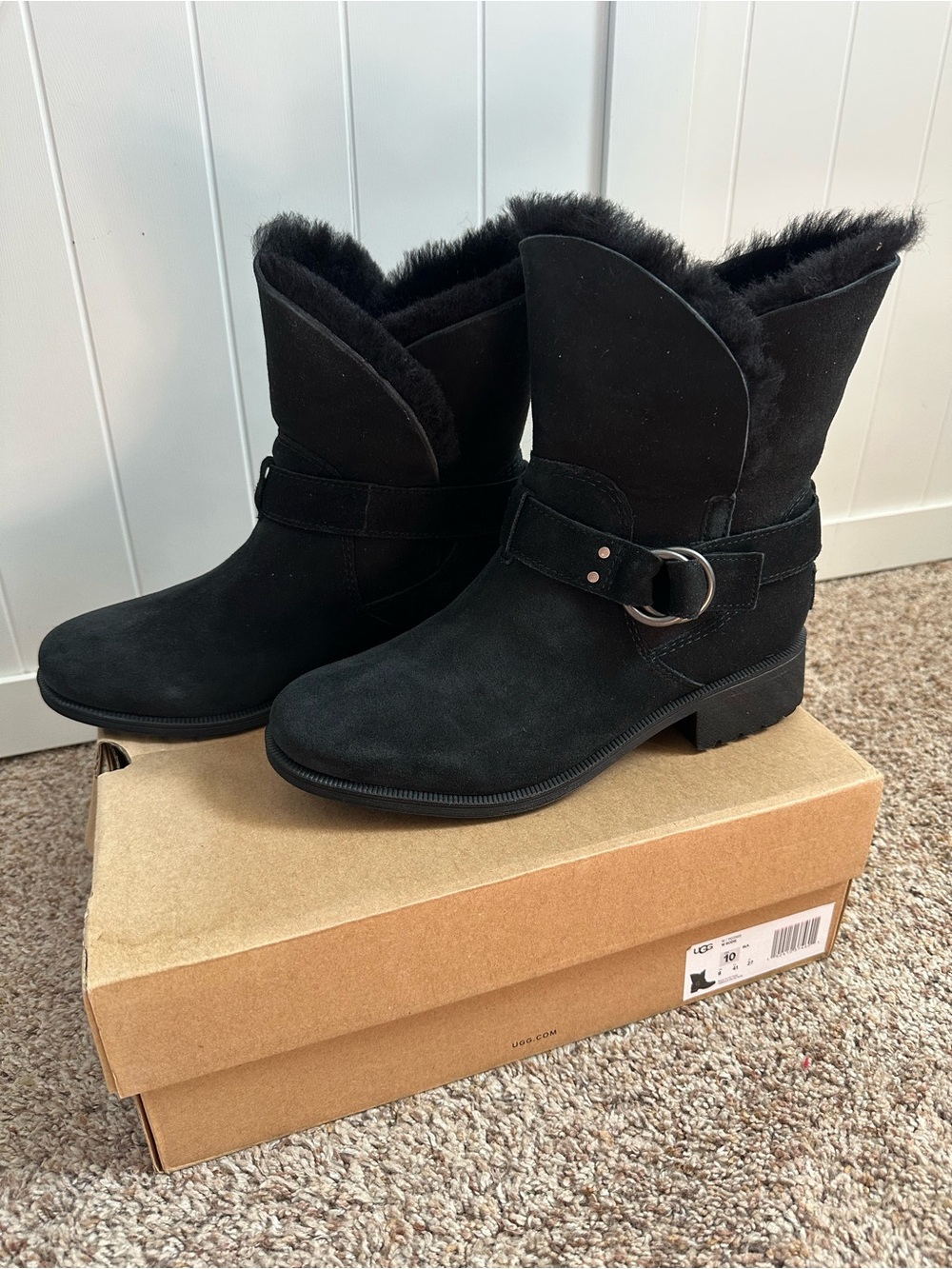 UGG Bodie Waterproof Black Suede Shearling Moto Boots Women’s 10 NIB